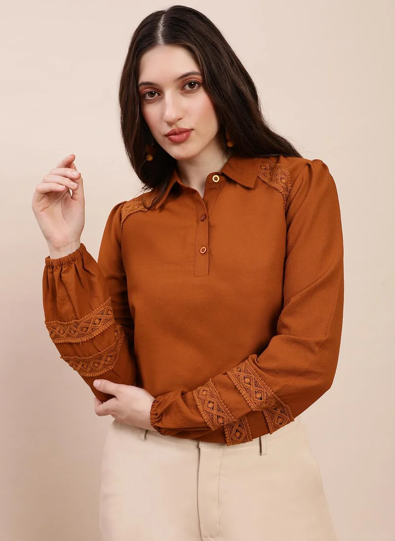 جلو باص Globus Women Brown Collared Neck Bishop Sleeves Lace Inserts Shirt Style Workwear Top